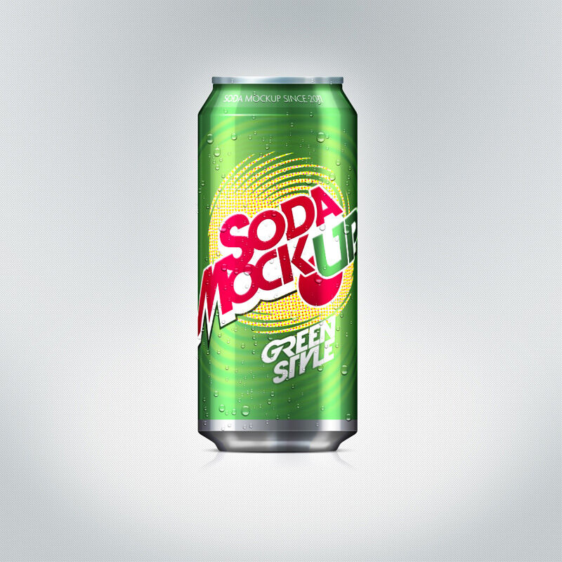 Green Soda Can Bottle Covered with Water Drops Mockup