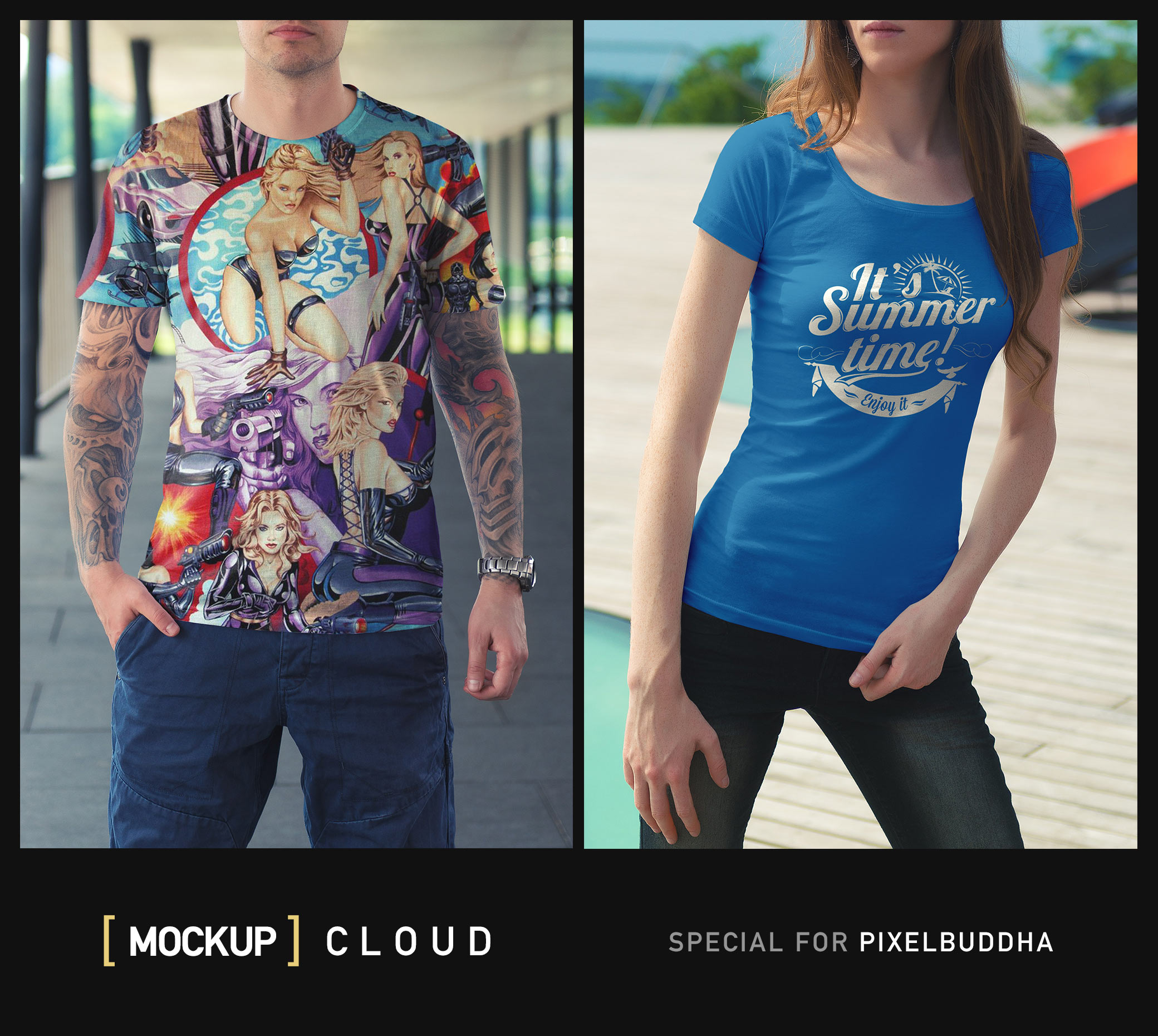 Mockup Showcasing Man and Woman Models Wearing T-Shirts on Street Environment