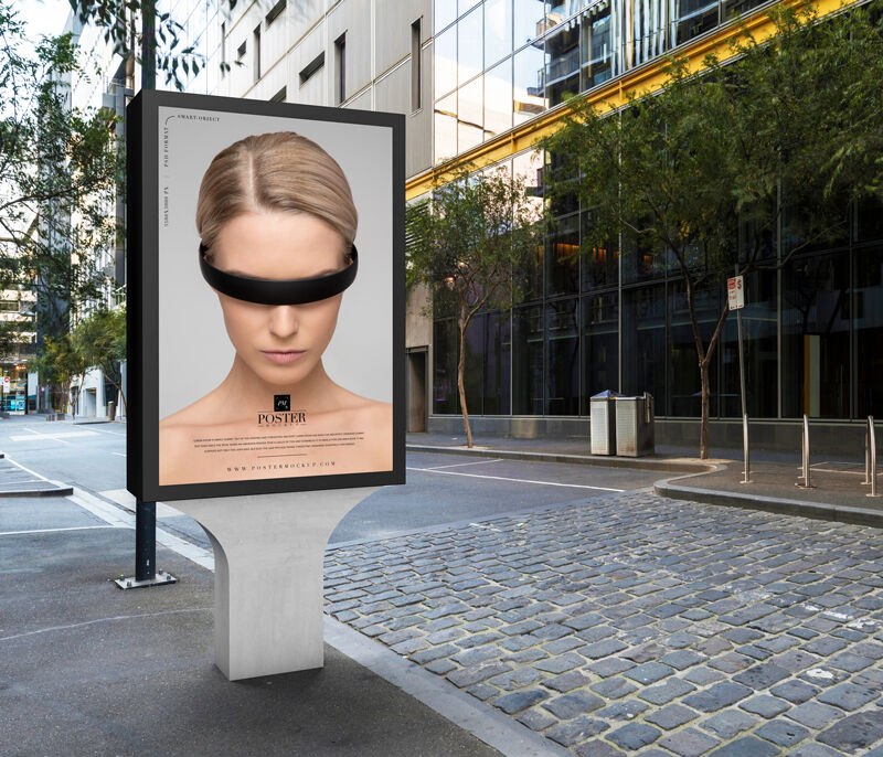 City Outdoor Billboard Poster on a Stone Stand Mockup