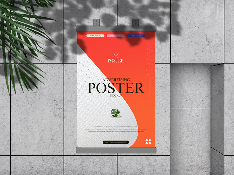 Mockup Displaying Poster on Squared Wall and Ovelaid Shadows and Leaves
