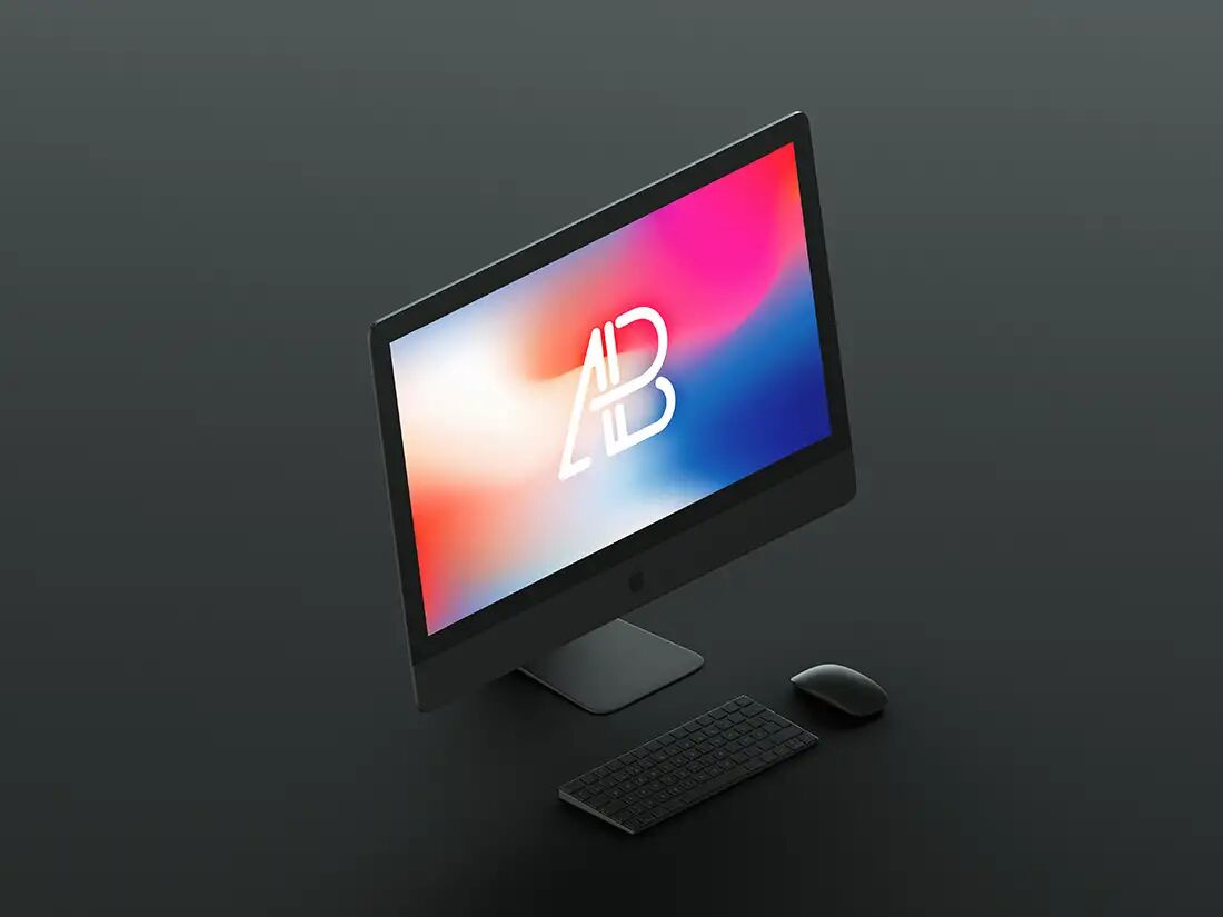 Black iMac Pro Mockup Along with Mouse and Keyboard