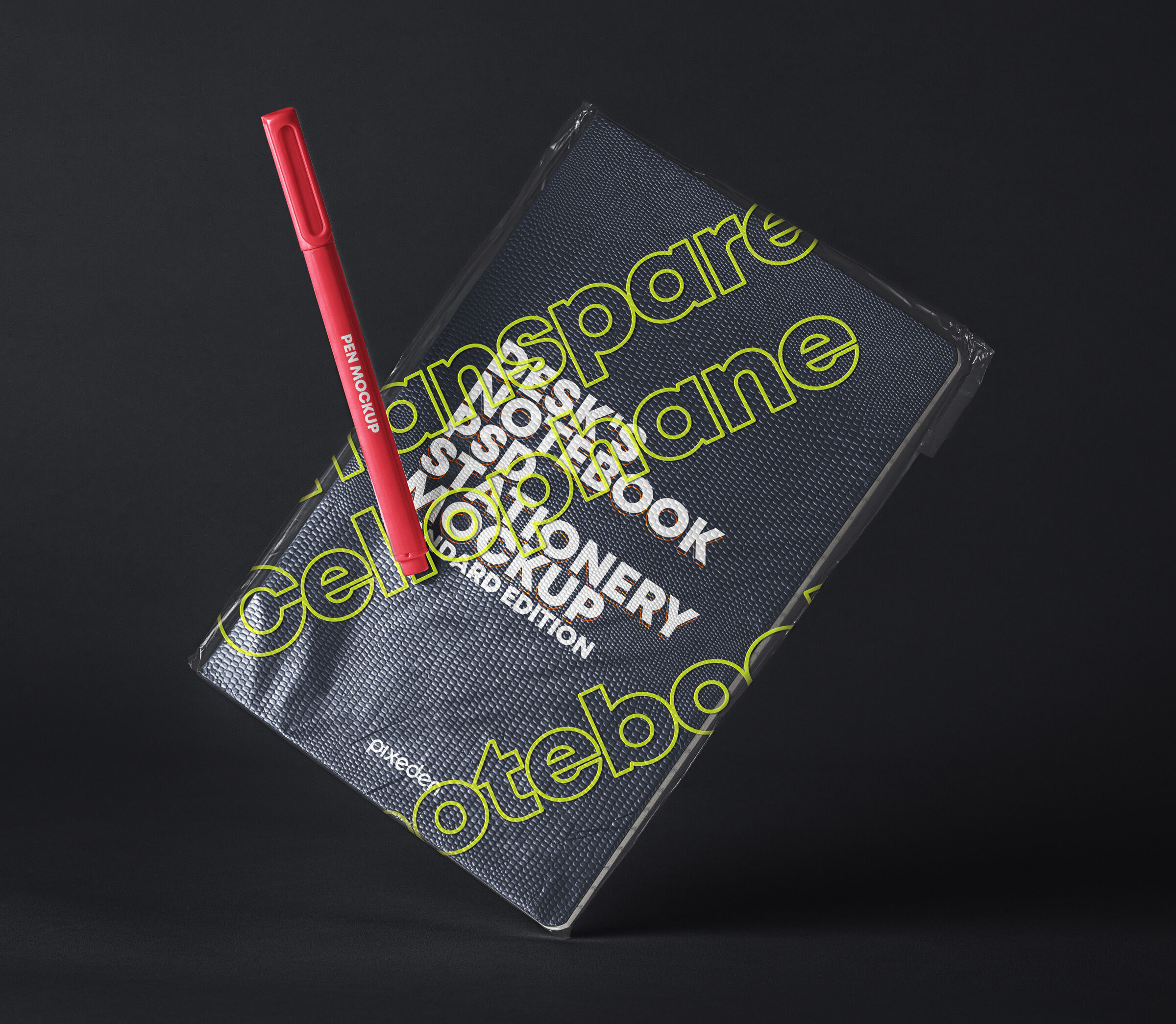 Mockup of a Notebook with Transparent Cover and a Pen