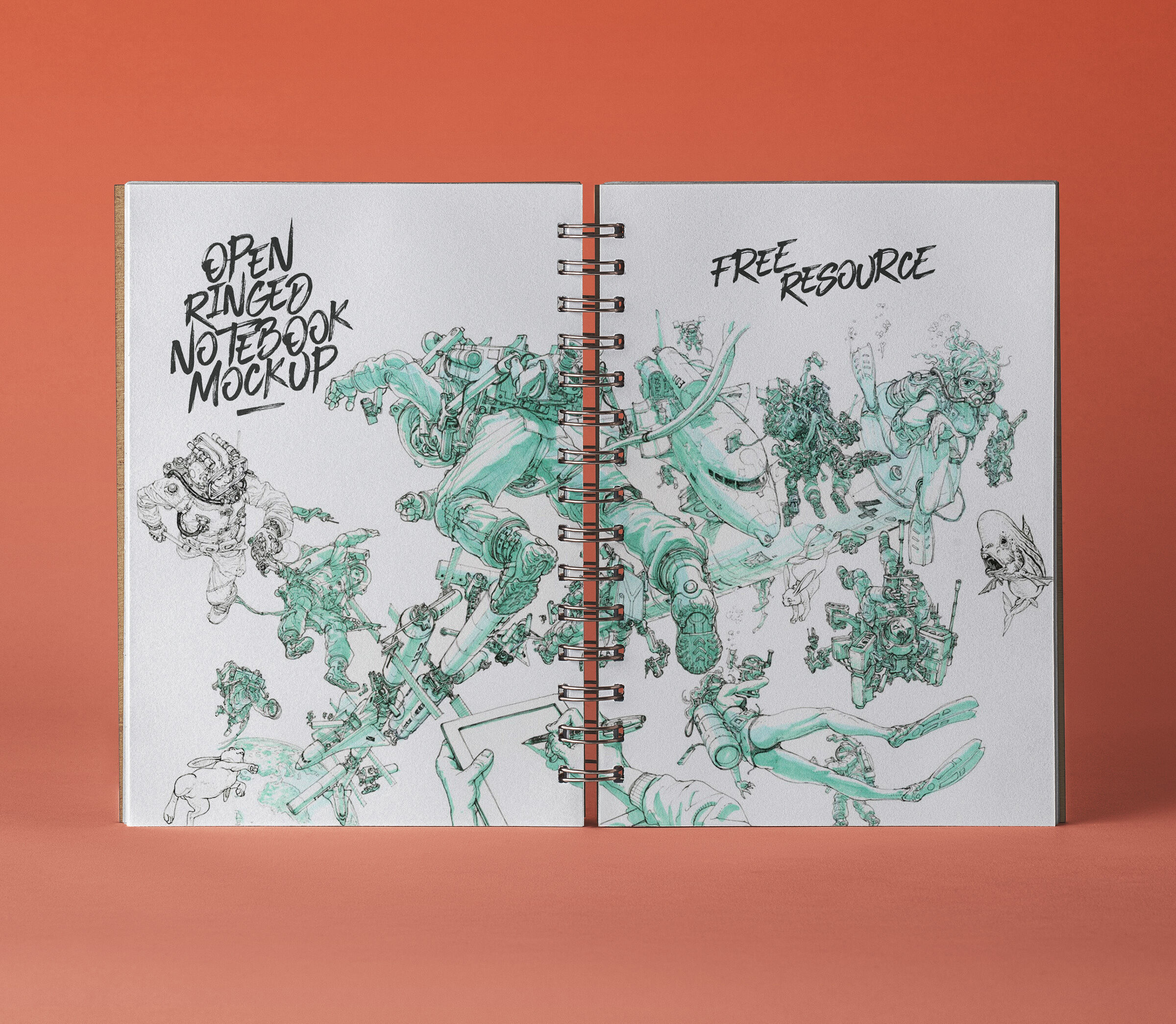 Mockup Featuring an Open Ringed Notebook on a Solid Background