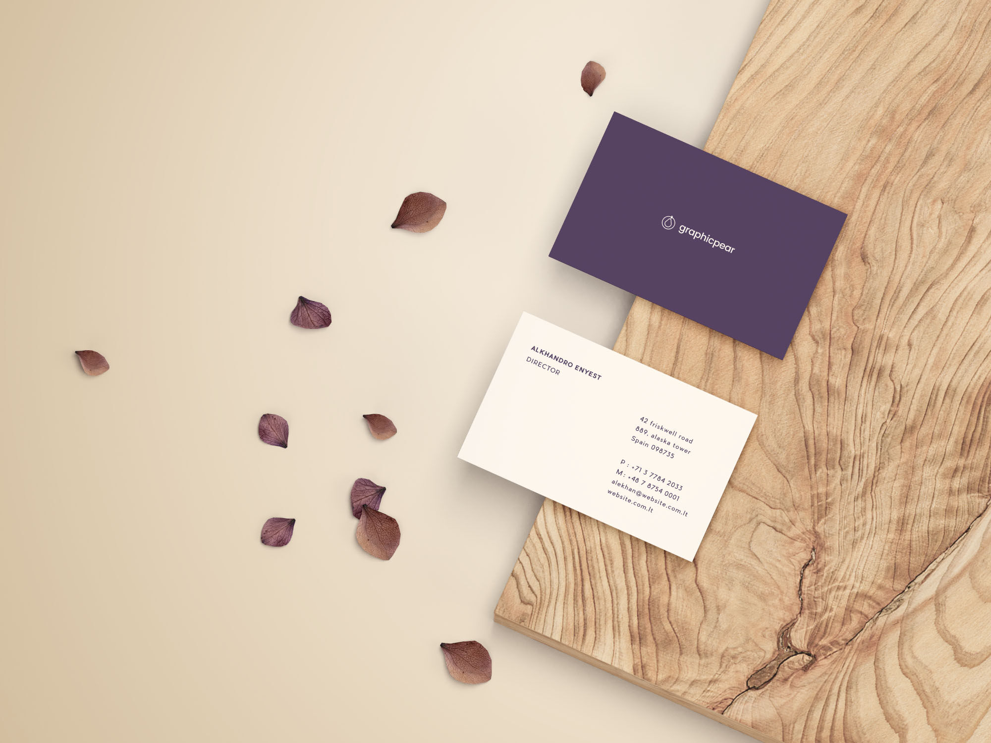 Front and Back Business Card Mockup on a Wood Piece