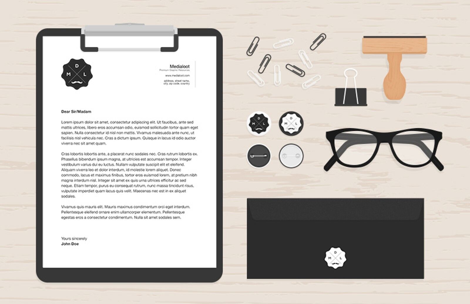 Top View of Flat Stationery Items on a Desk Mockup