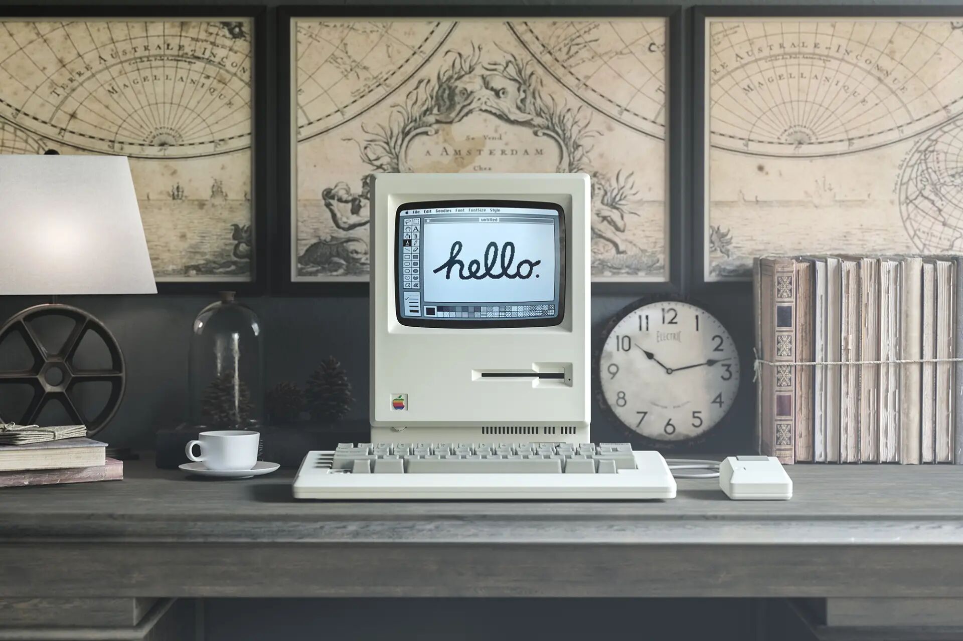 Mockup of a Vintage 1984 Apple Macintosh on a Desk