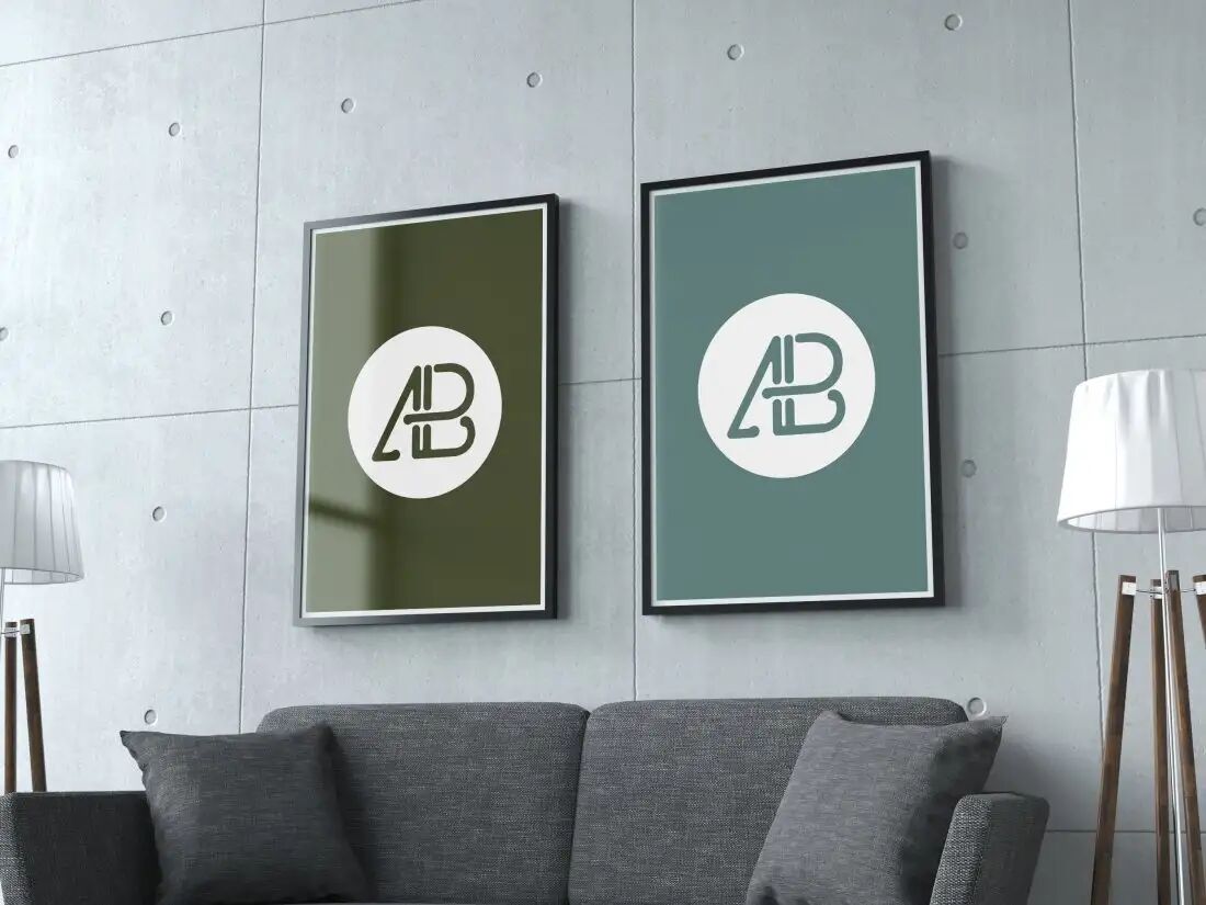 Two Vertical Posters Attached to Living Room Wall Mockup