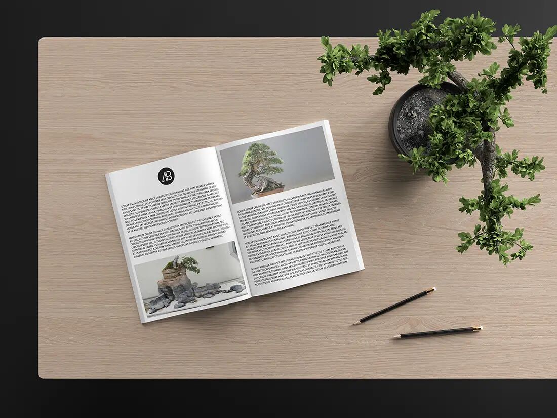 Open Catalog Magazine Beside Bonsai Tree and Pens Mockup
