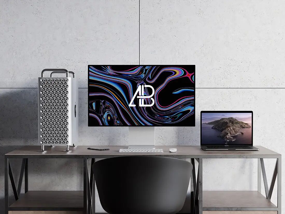Mac Pro And MacBook Pro Mockup on a Table