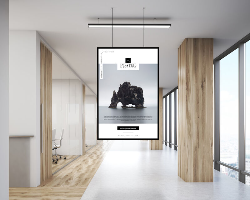 Hanging Poster Mockup with Realistic Office Setting