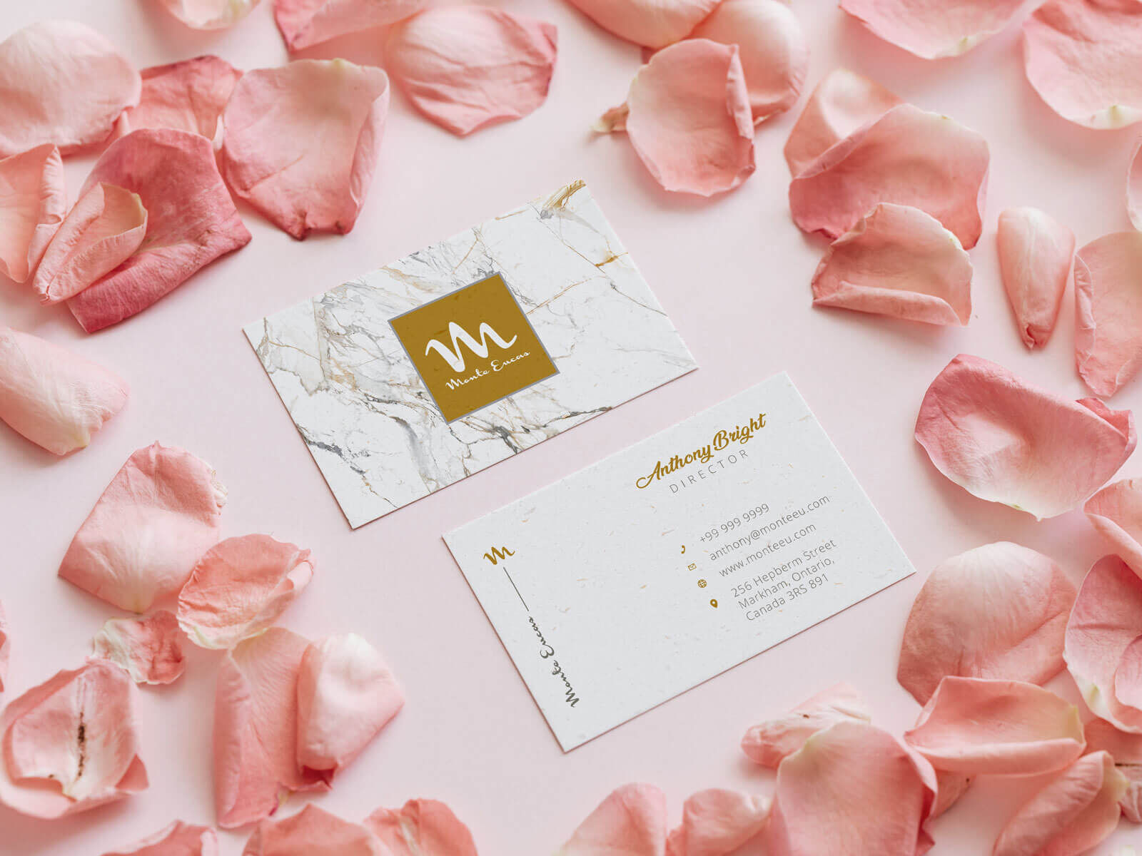 Back and Front Business Card with Pink Rose Petals Mockup