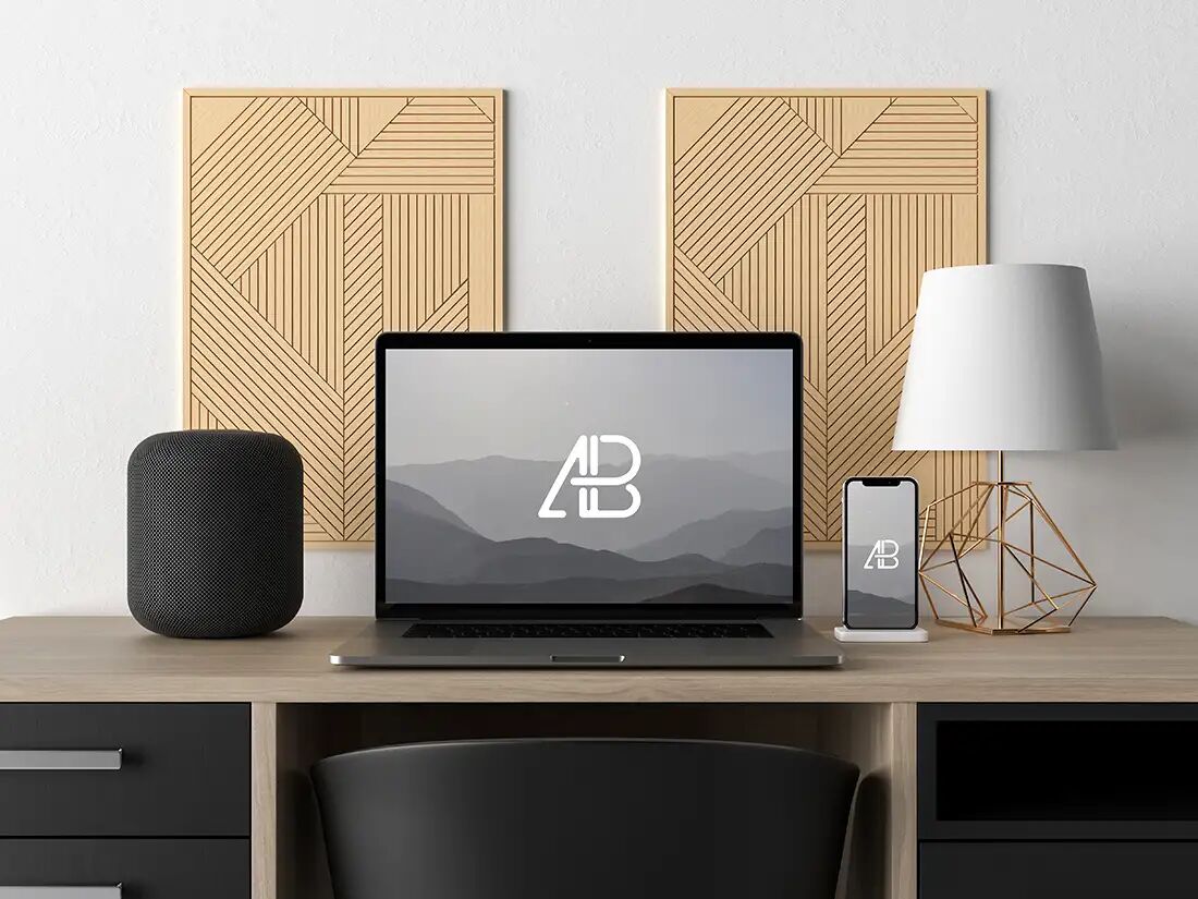Modern MacBook Pro and iPhone X on Desk Mockup