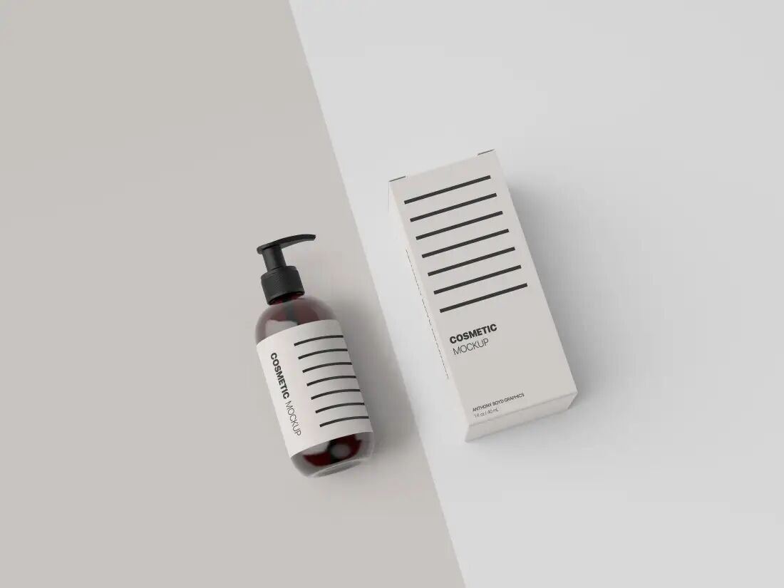 Mockup Featuring a Cosmetic Bottle with its Package on a Two-Toned Background