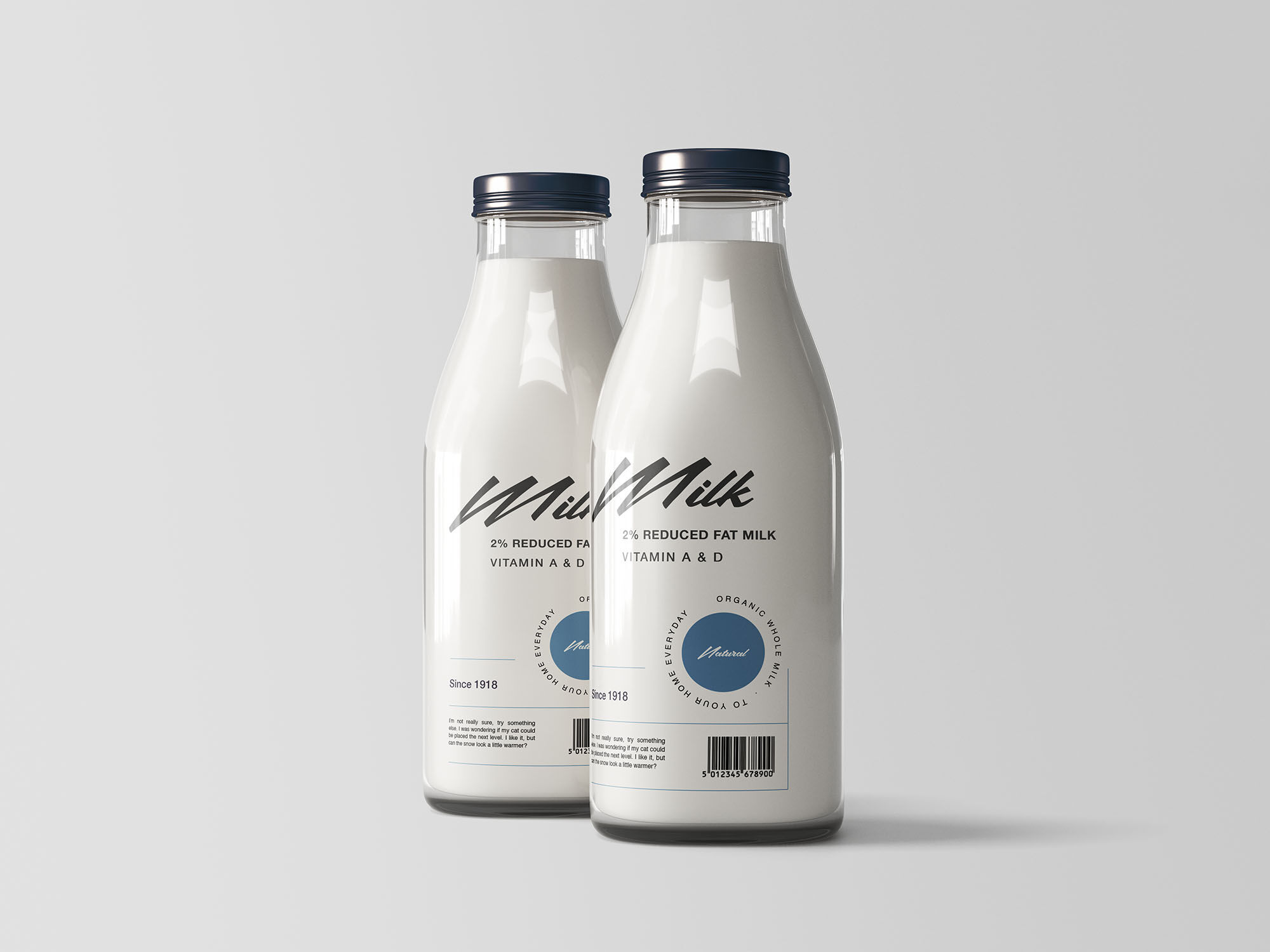 Two Shiny Glass Bottles Filled with Milk Mockup