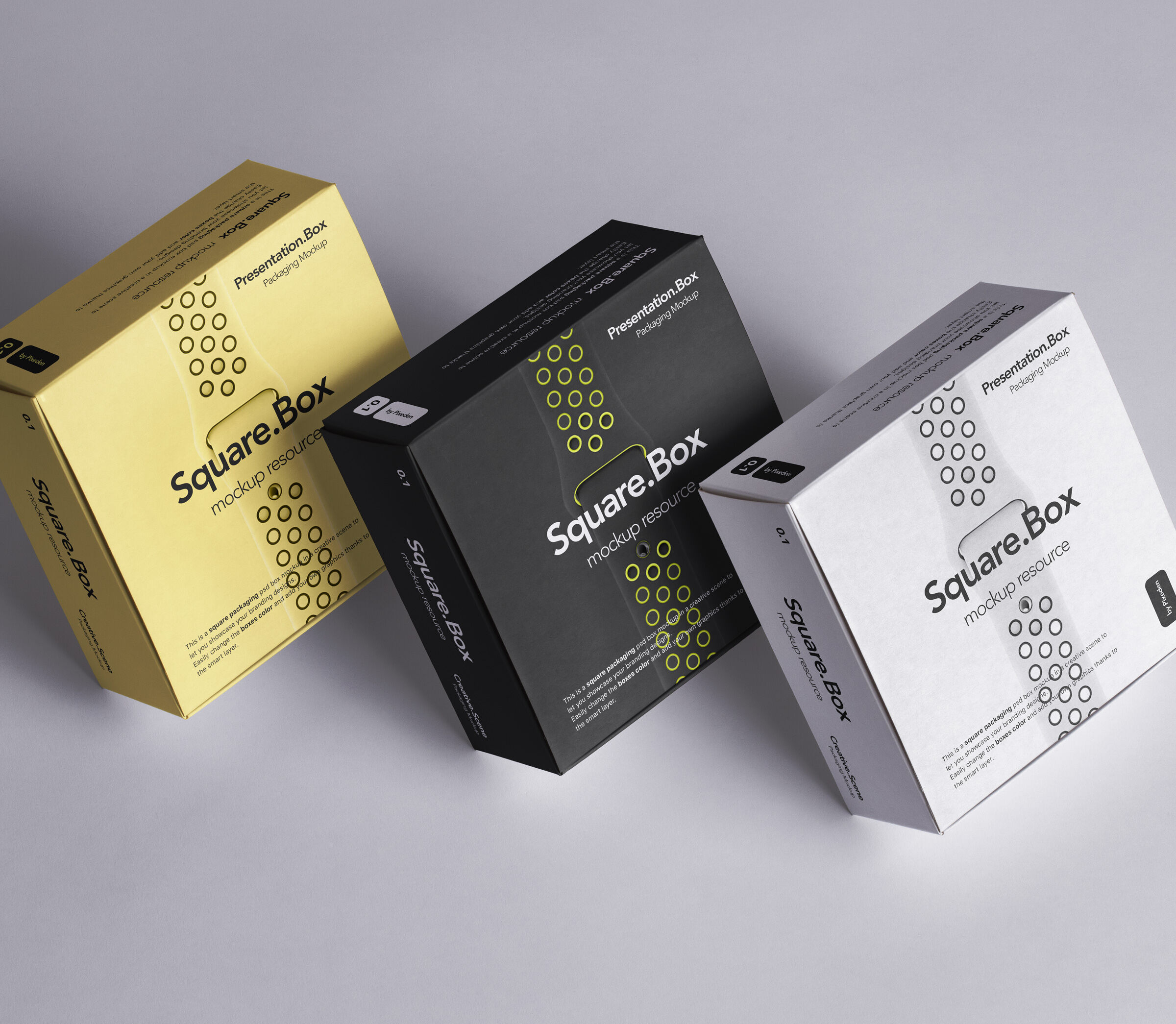 Perspective View of Three Square Boxes Mockup