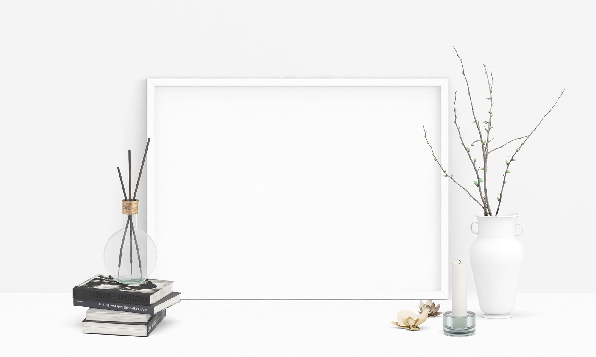 Horizontal White Poster Surrounded by Several Items Mockup