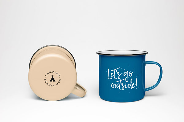 2 Enamel Mugs Bottom and Front View Mockup