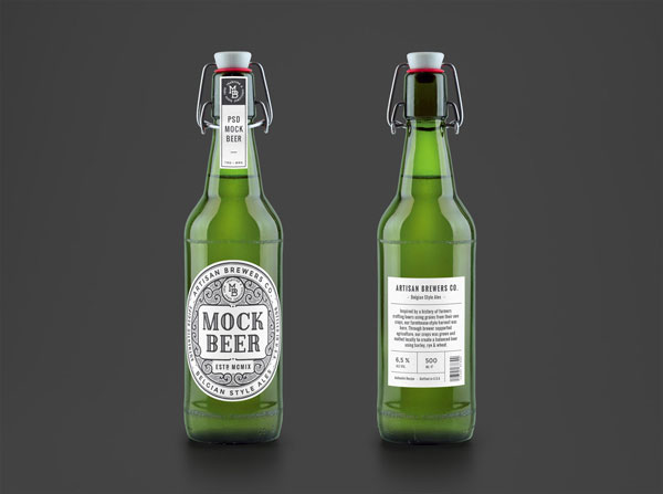2 Beer Bottles Label Back and Front View Mockup
