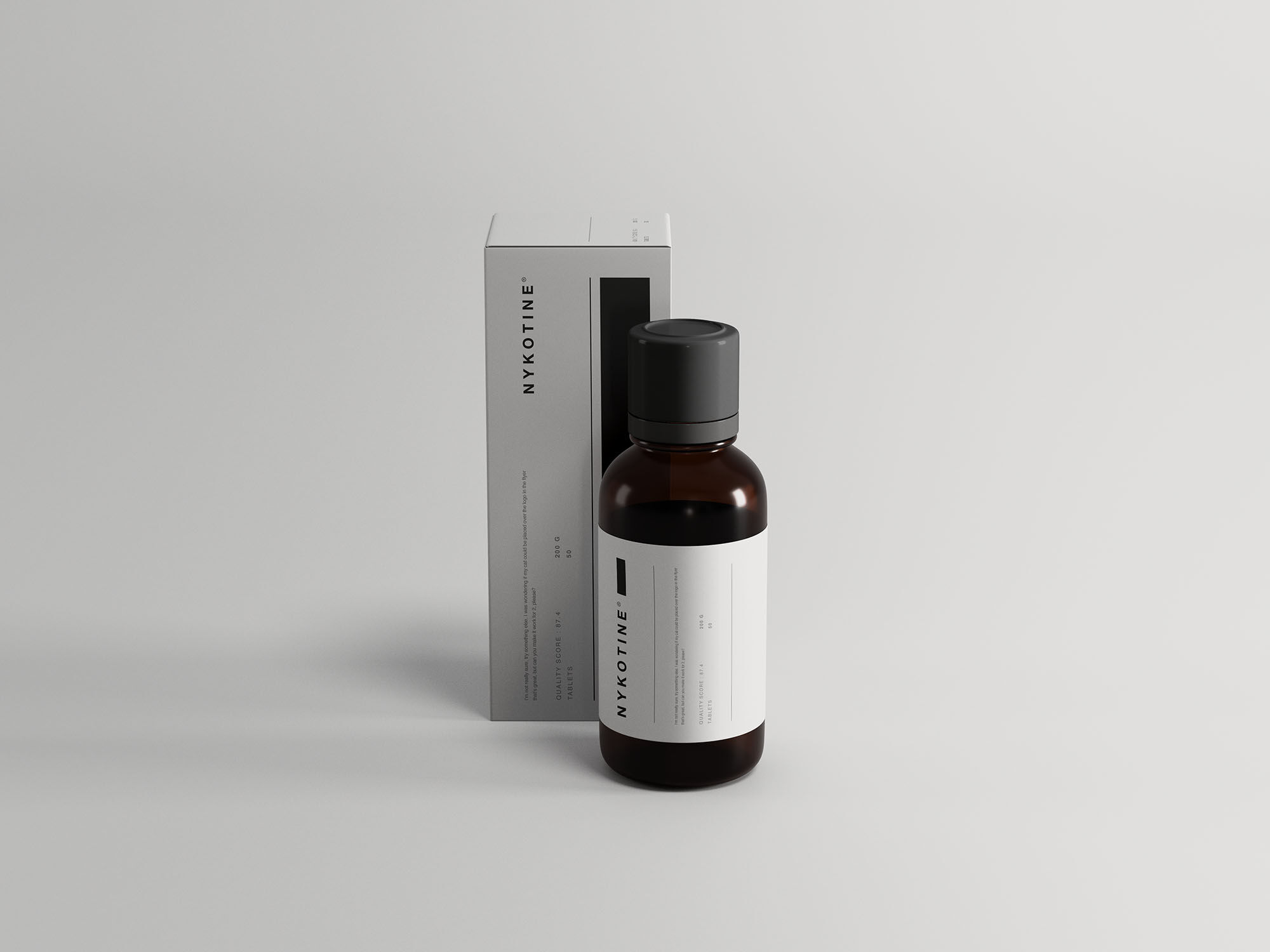 Dark Medicine Bottle Standing in Front of a Box Package Mockup