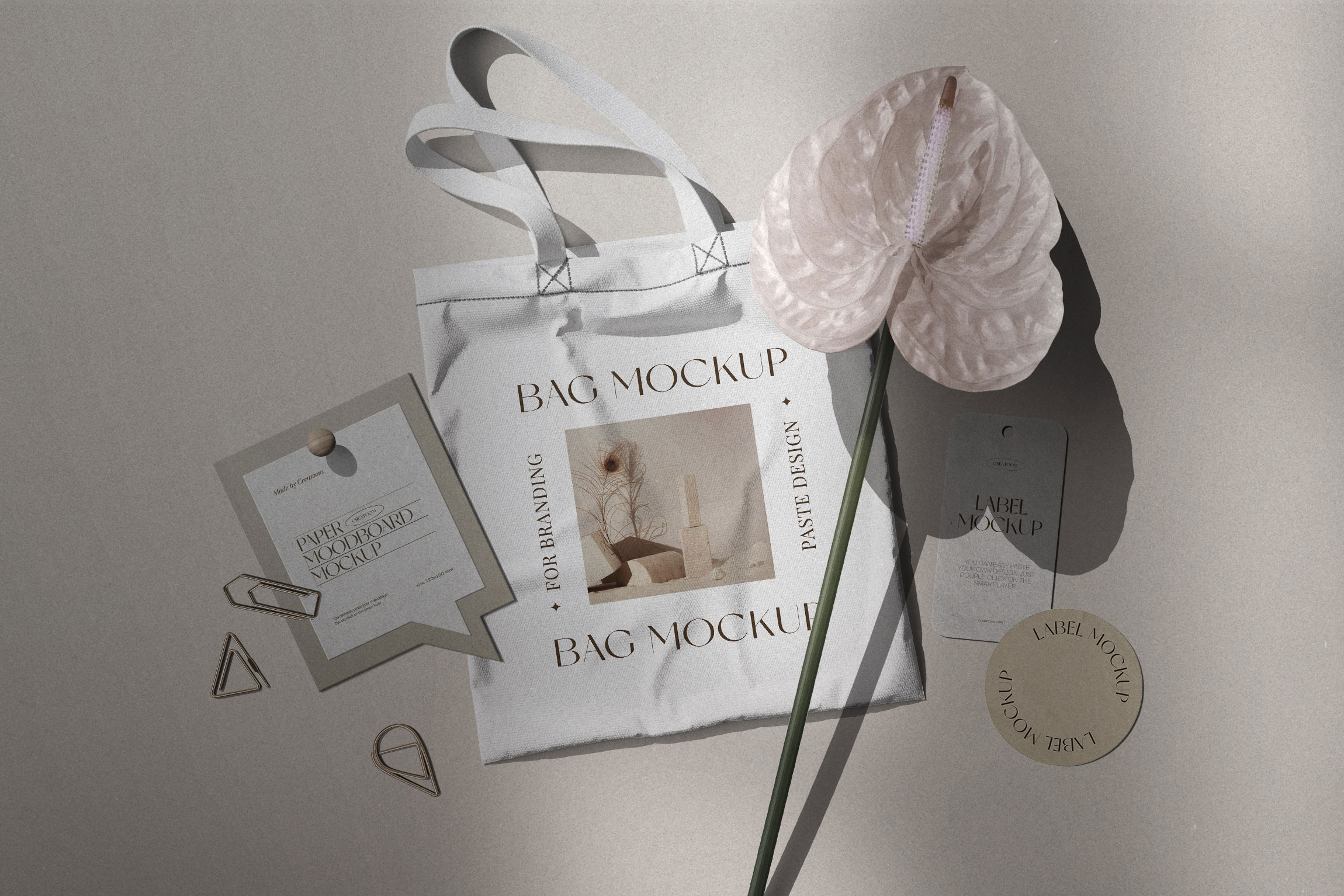 Mood Board Mockup with Fabric Bag and 2 Labels