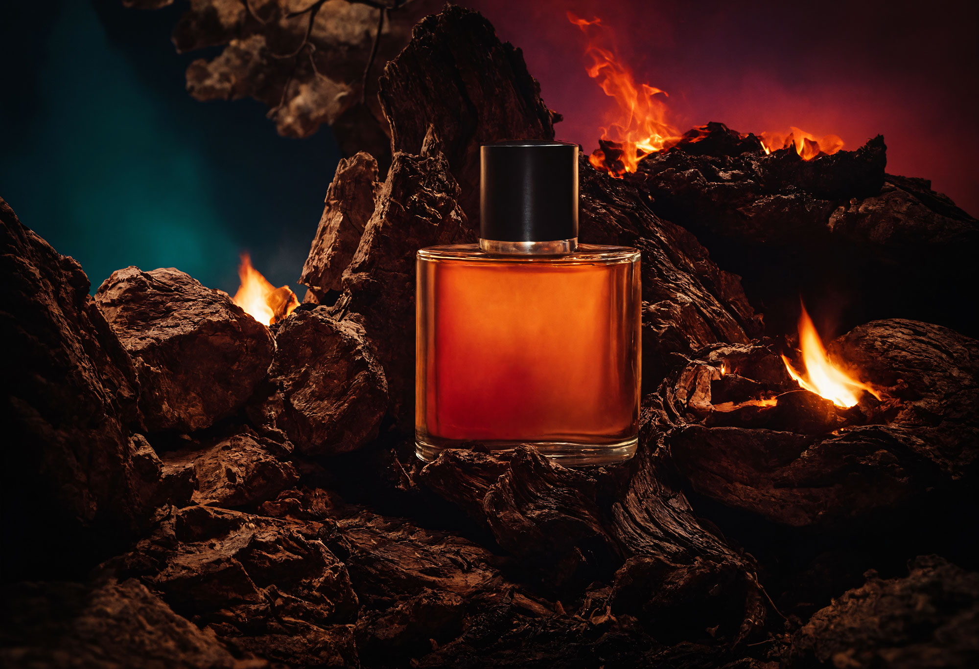 Luxury Perfume Mockup on Fiery Rocks