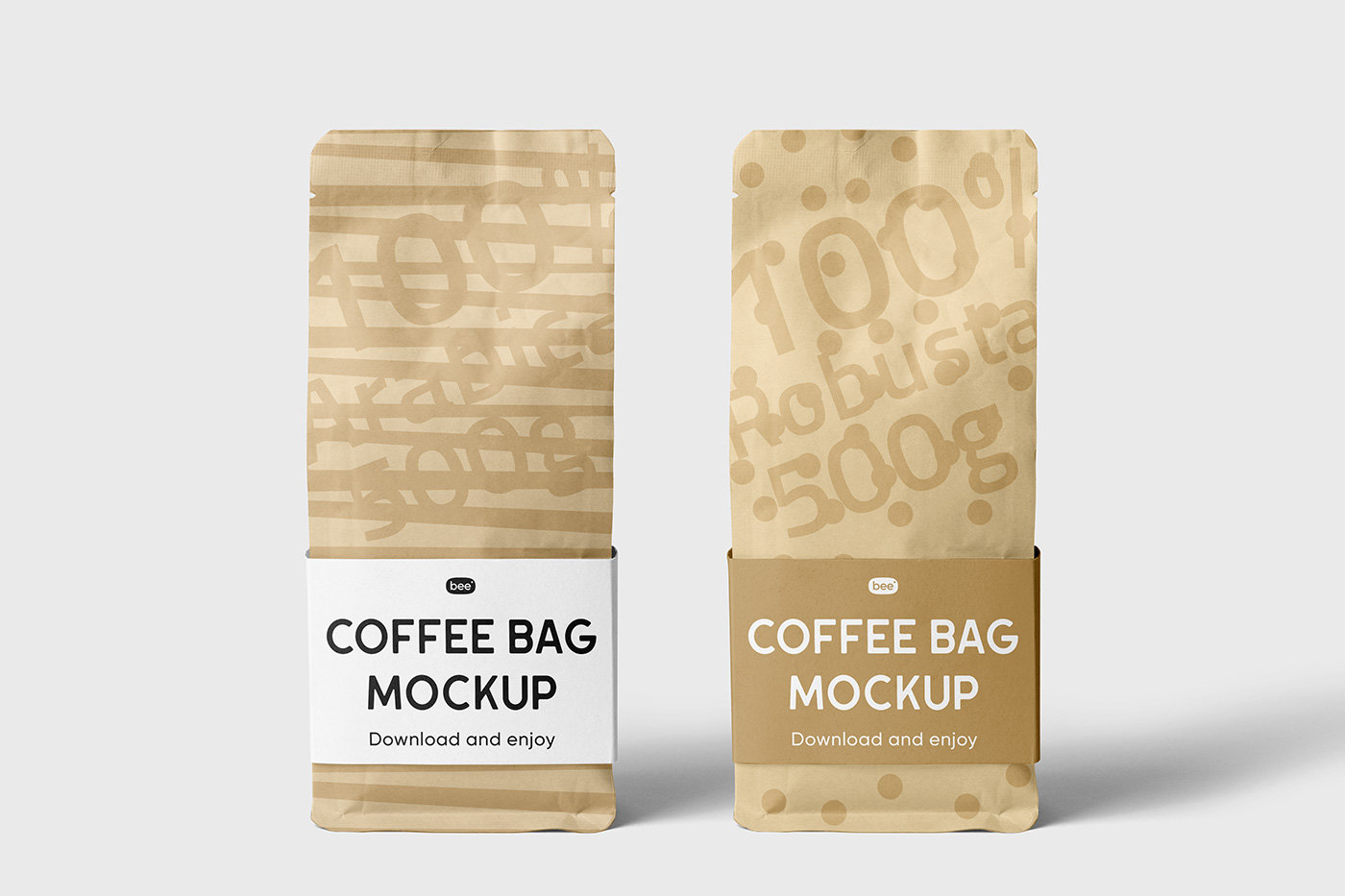 2 Standing Paper Coffee Bags with Labels Mockup in Front View preview