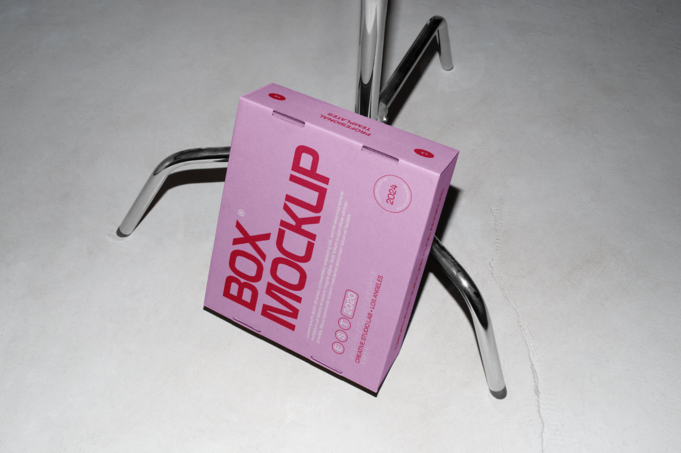 High Angle Standing Cardboard Box With Tripod Mockup preview