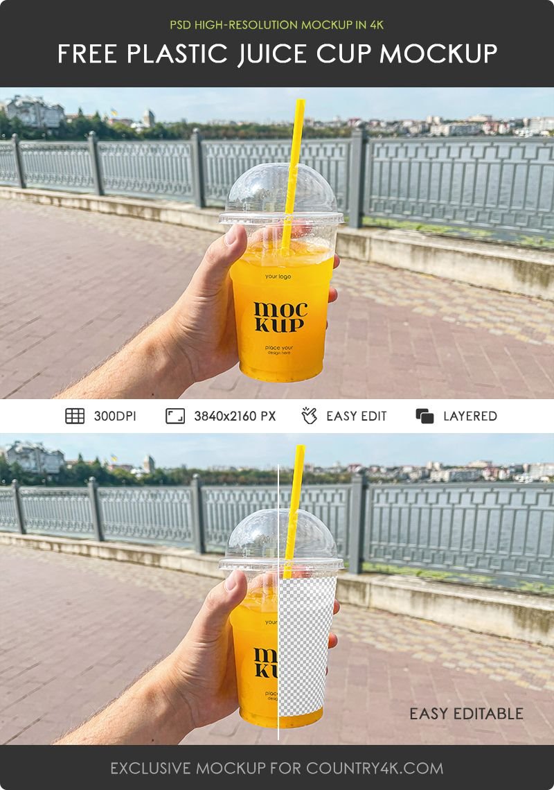 Facing Vision of Plastic Juice Cup Mockup in Hand