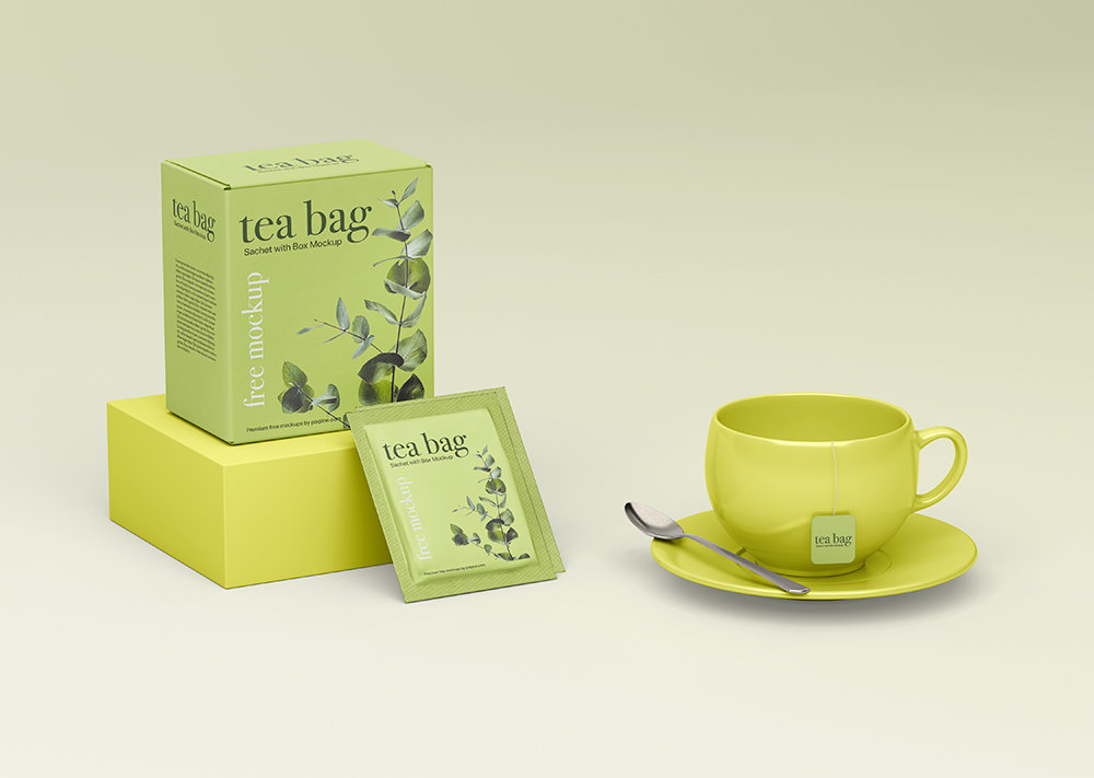 Facing View of Tea Bag Sachet Mockup with Box