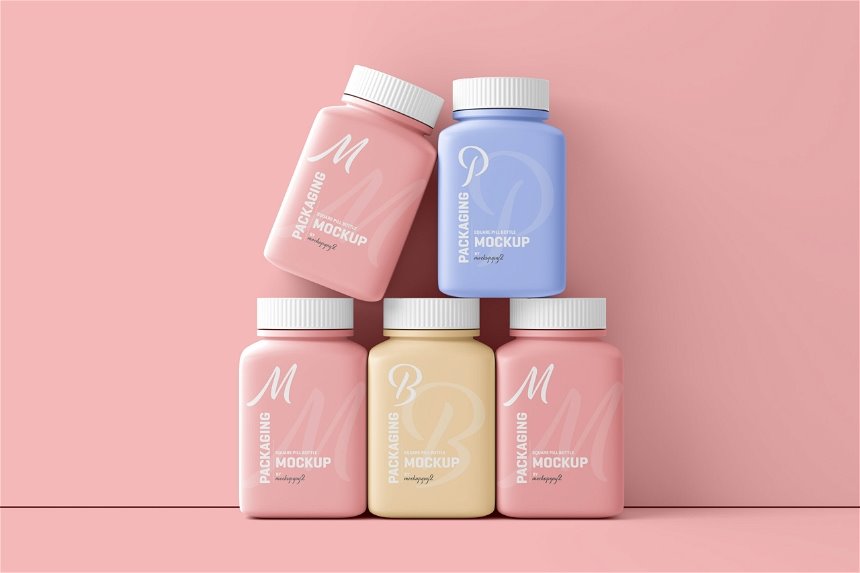 Square Pill Bottle Mockup in 3 Different Shots
