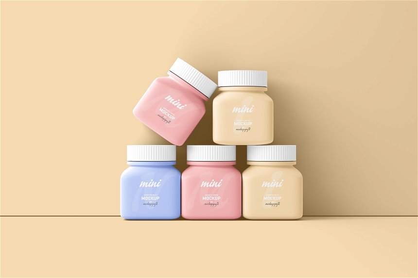 Small Square Pill Bottle Mockup in 3 Shots