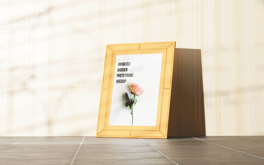 Perspective View of Animated Wooden Photo Frame Mockup preview