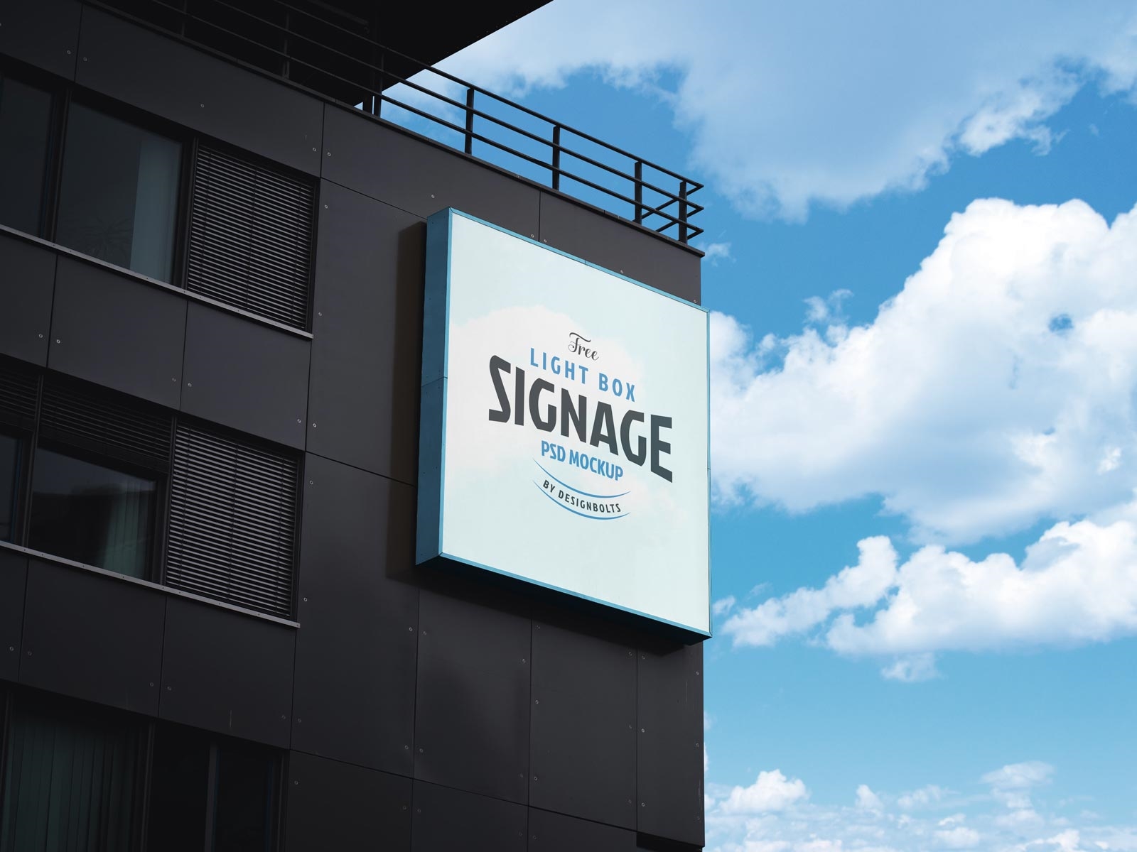 Perspective View of Square Sign Mockup on the Building Wall