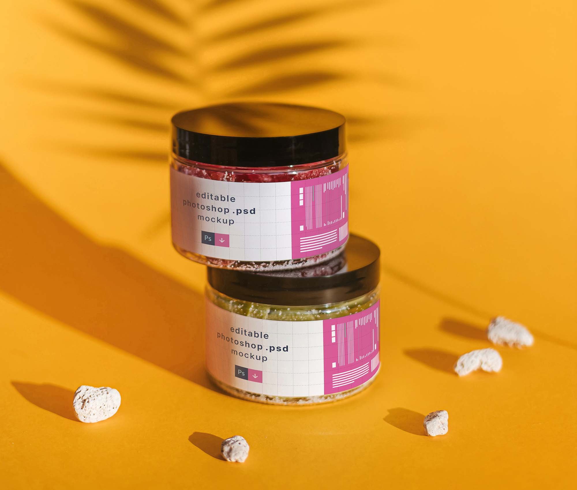 Front View of 2 Cosmetic Jars Mockup with an Overlay Leaf Shadow preview