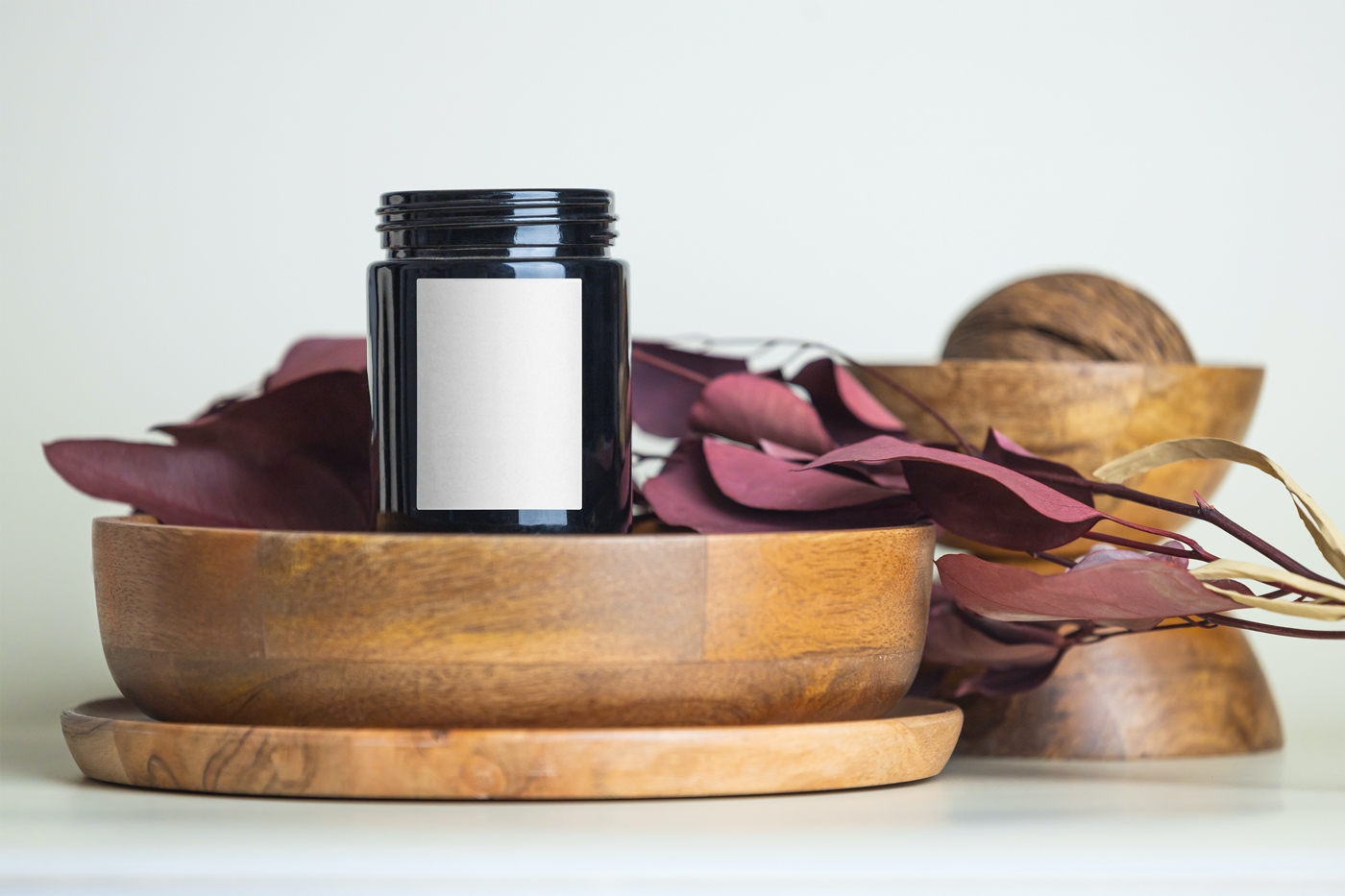 Front View of Trendy Candle Mockup with Wooden Bowl