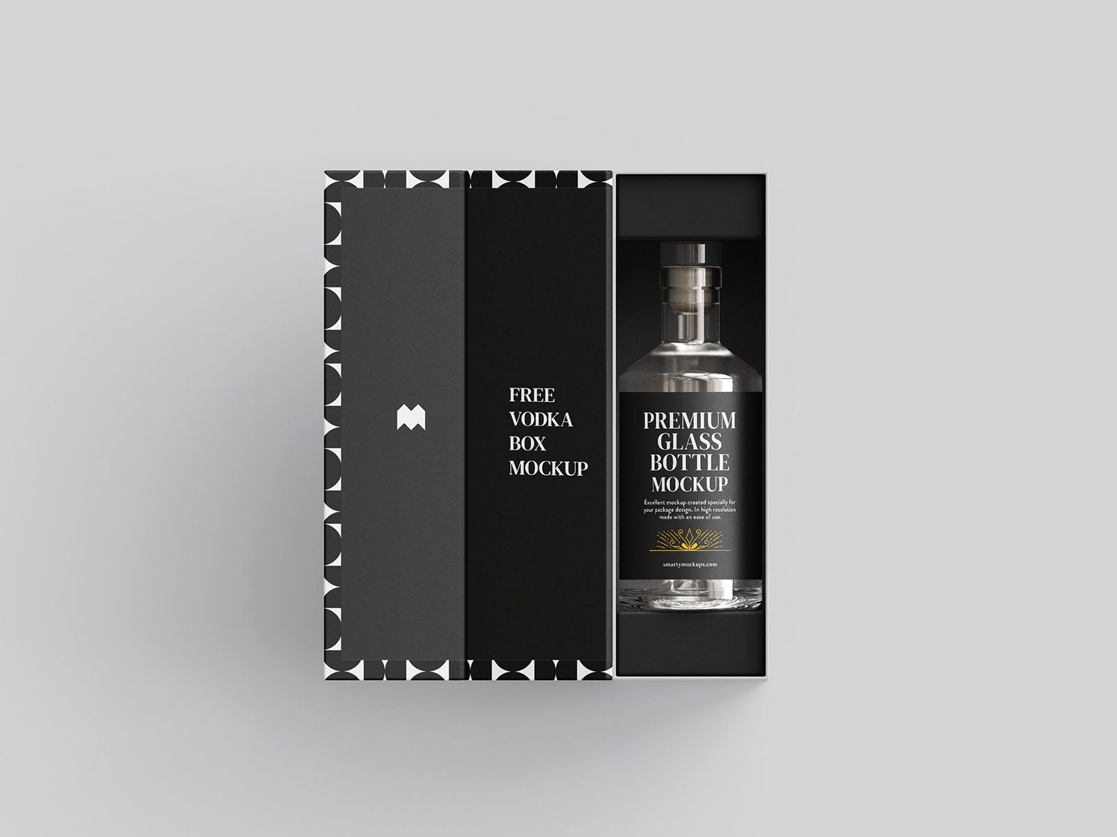 Perspective and Front View of 5 Vodka Bottle and Packaging Mockups preview