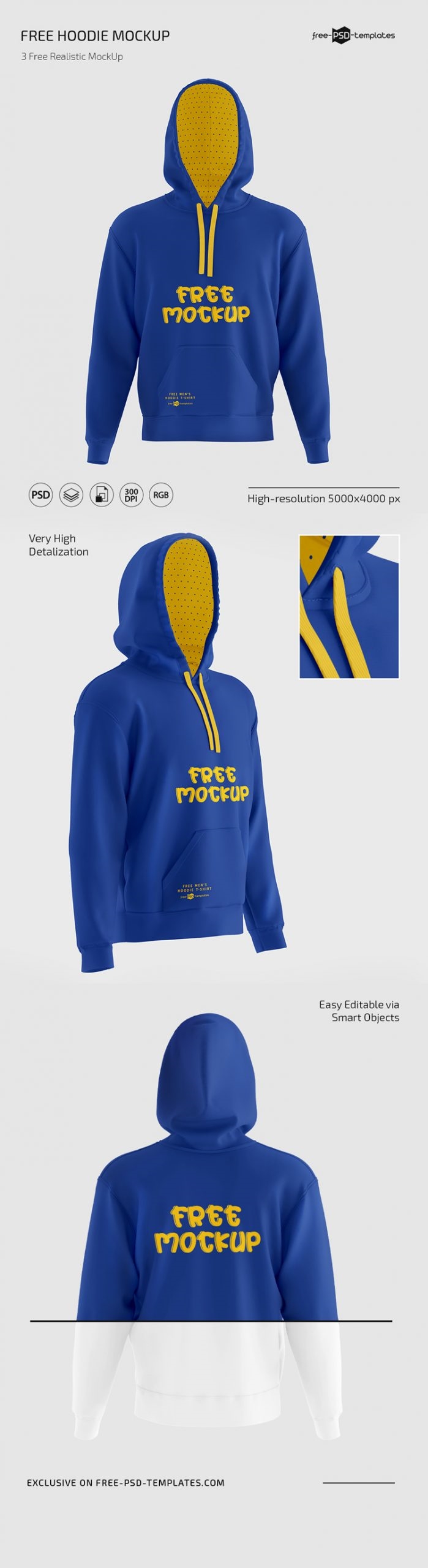 Font View of Back, Front, and Side of 3 Hoodie Mockups preview