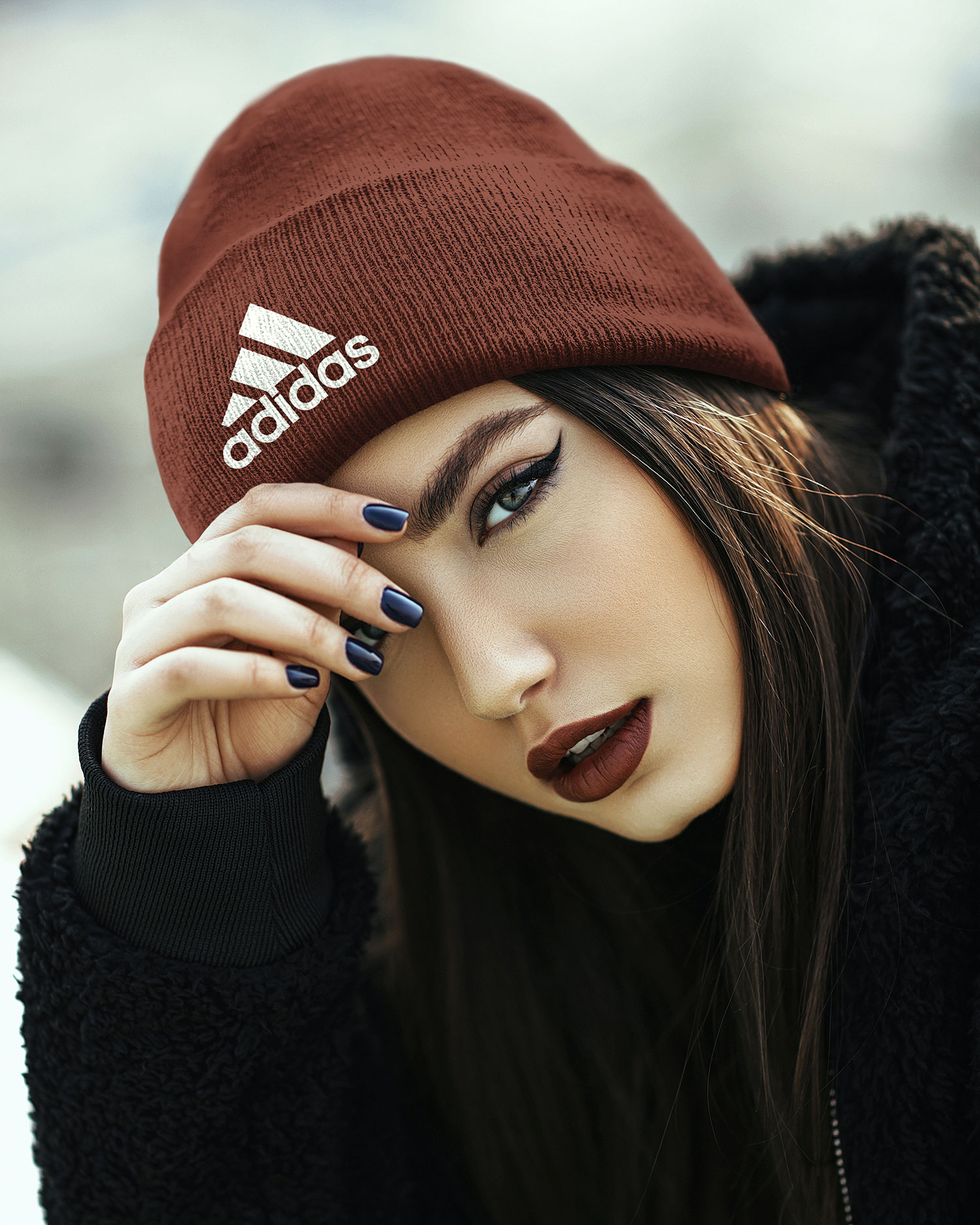 Close-Up of a Girl Wearing Beanie Hat in the Half-Side View Mockup