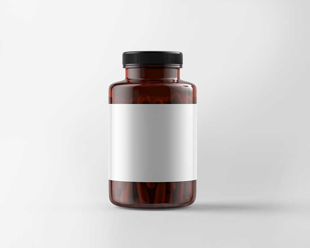 Front View of a Plastic Pills Amber Bottle Mockup