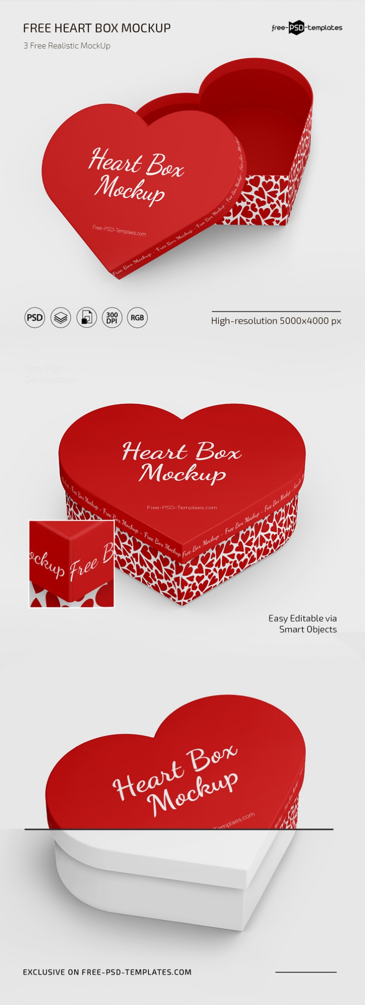 Front View of 3 Open and Closed Heart Box Mockups preview