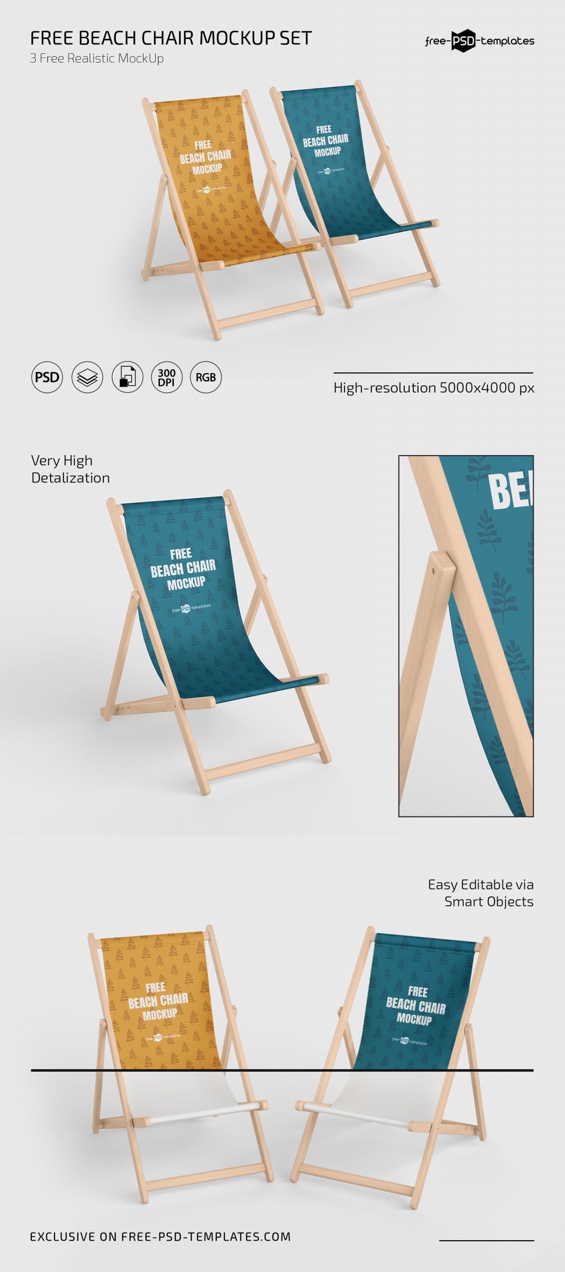 3 Beach Chair Mockups in Front and Perspective Views
