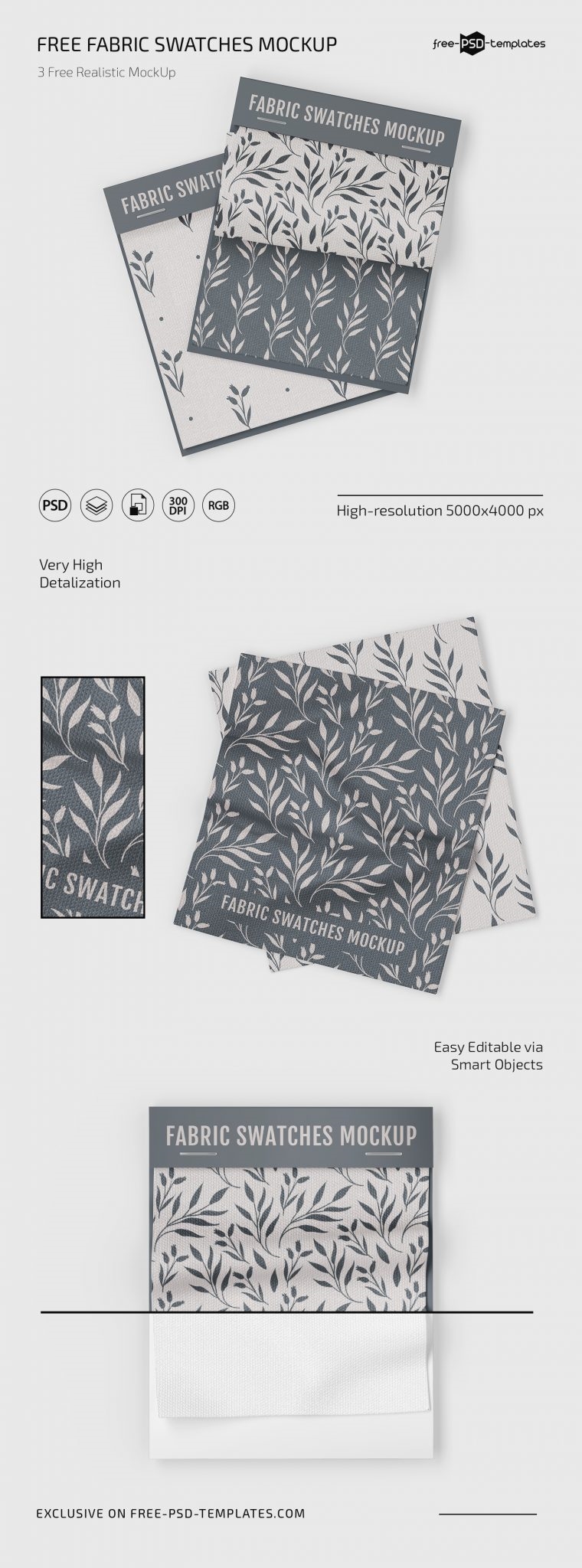 3 Mockups of Fabric Swatches on the Surface in Top View