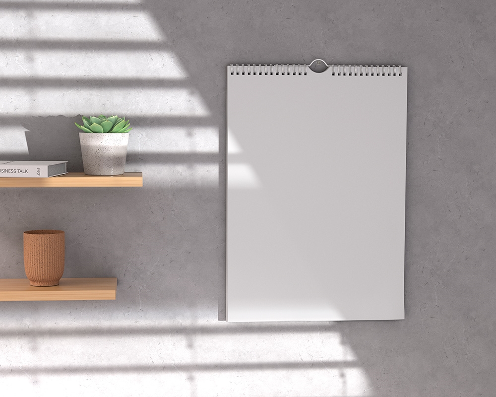 A3 Calendar Hung on the Wall Mockup Featuring Wooden Shelves and Plant Pots preview
