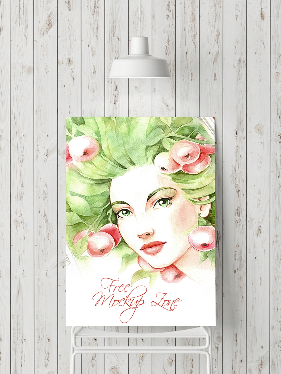 Vertical Canvas Mockup Leaning Against Wooden Wall Under a Lamp