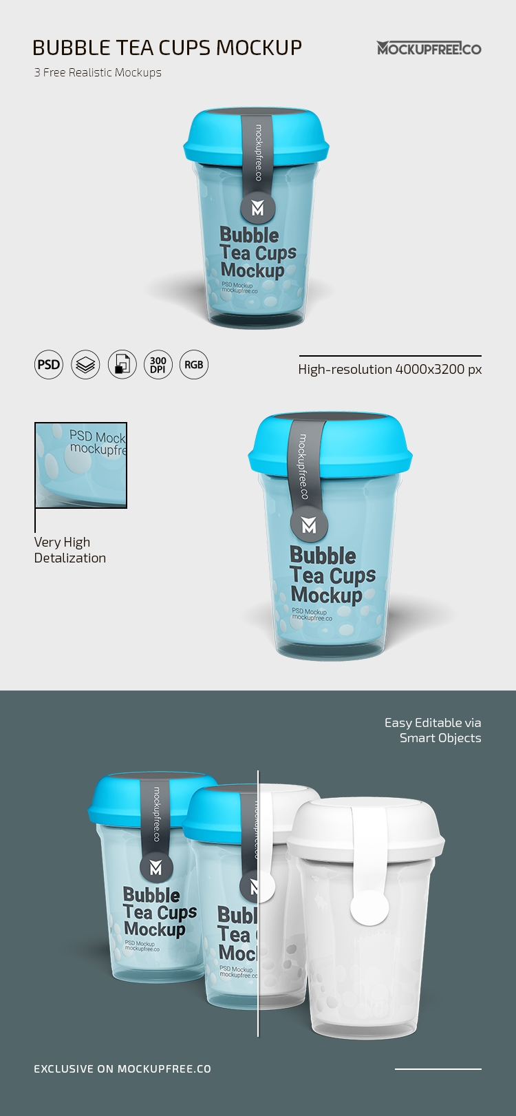 3 Standing Bubble Tea Cup Mockups in Various Shots