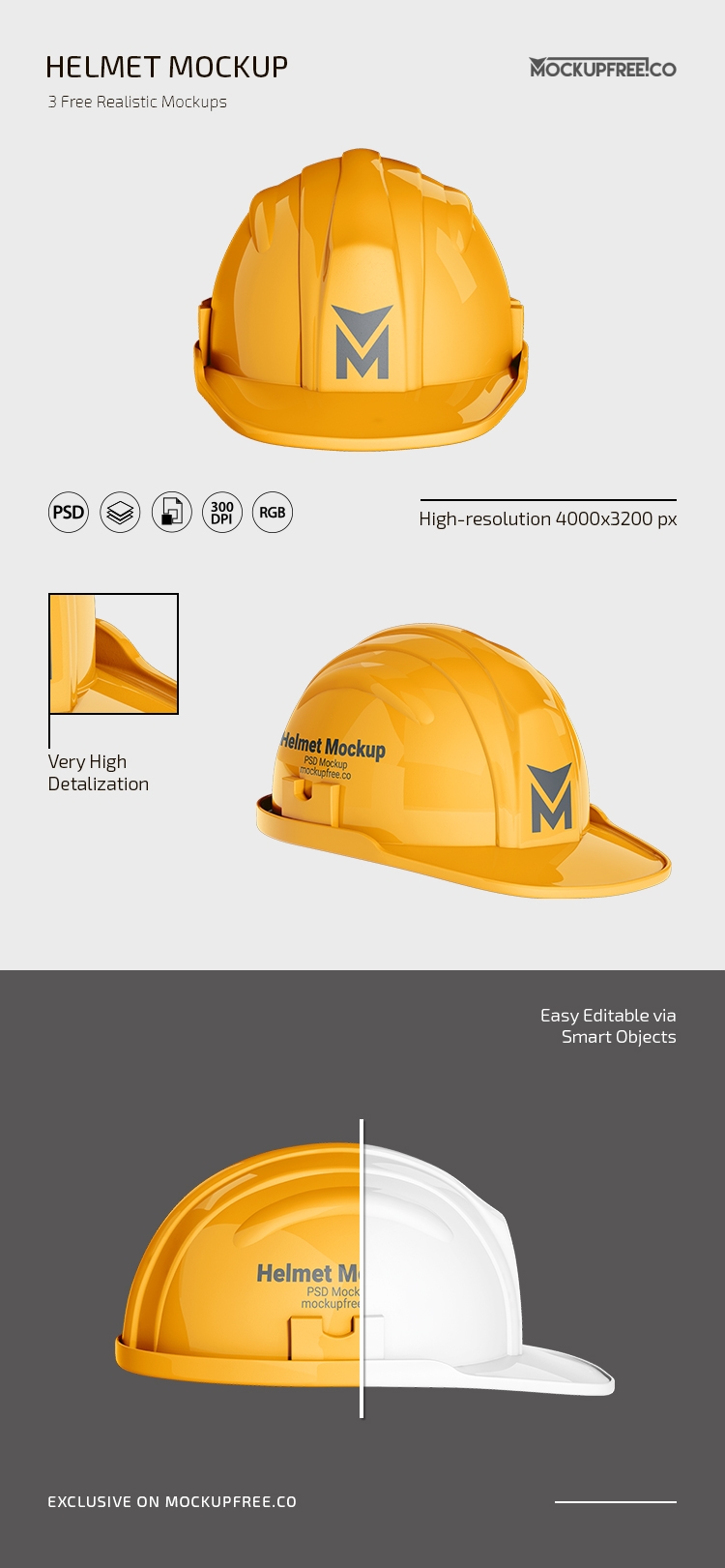 3 Construction Helmet Mockups in Different Shots