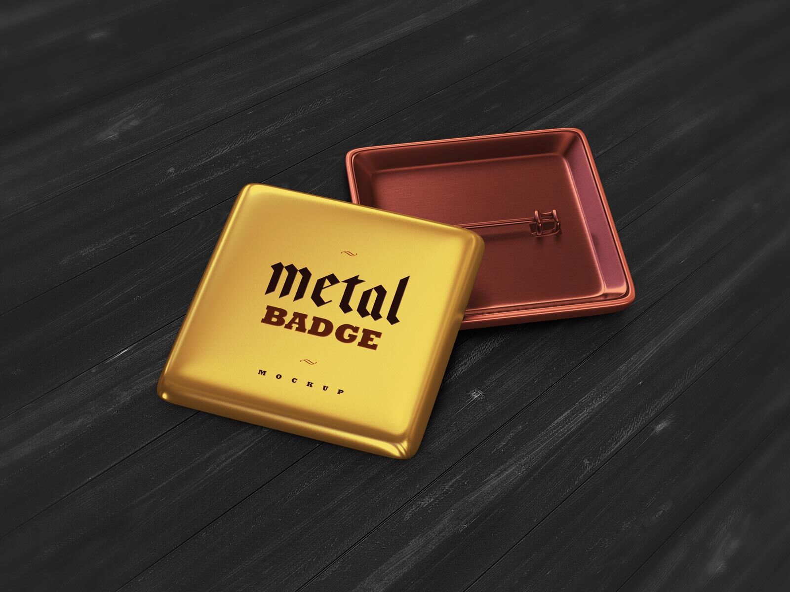 Perspective View 2 Square Metal Badges on Wooden Floor Mockup
