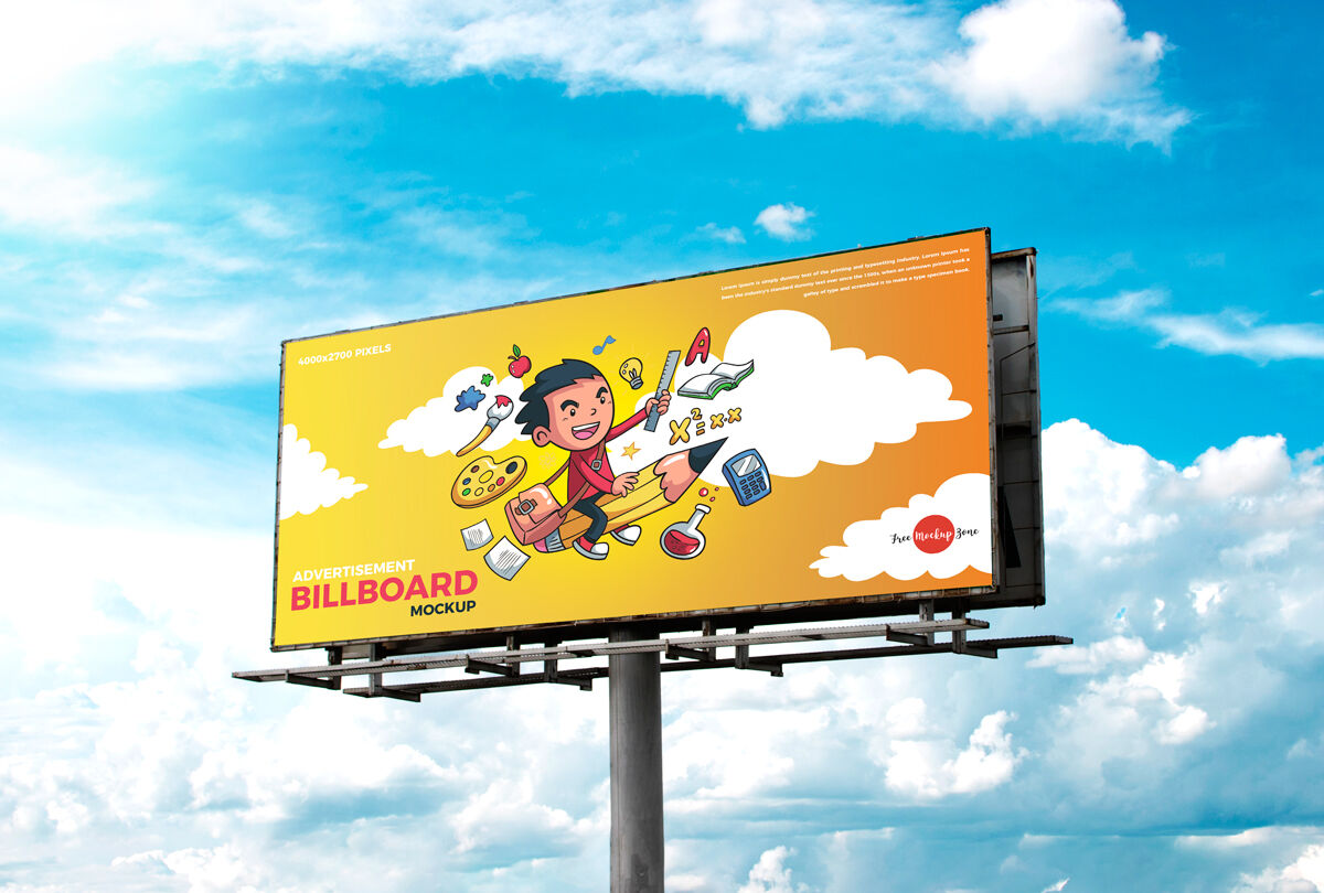 Low-Angle View, Horizontal, Metal Pole Advertisement Billboard Outdoor Mockup preview