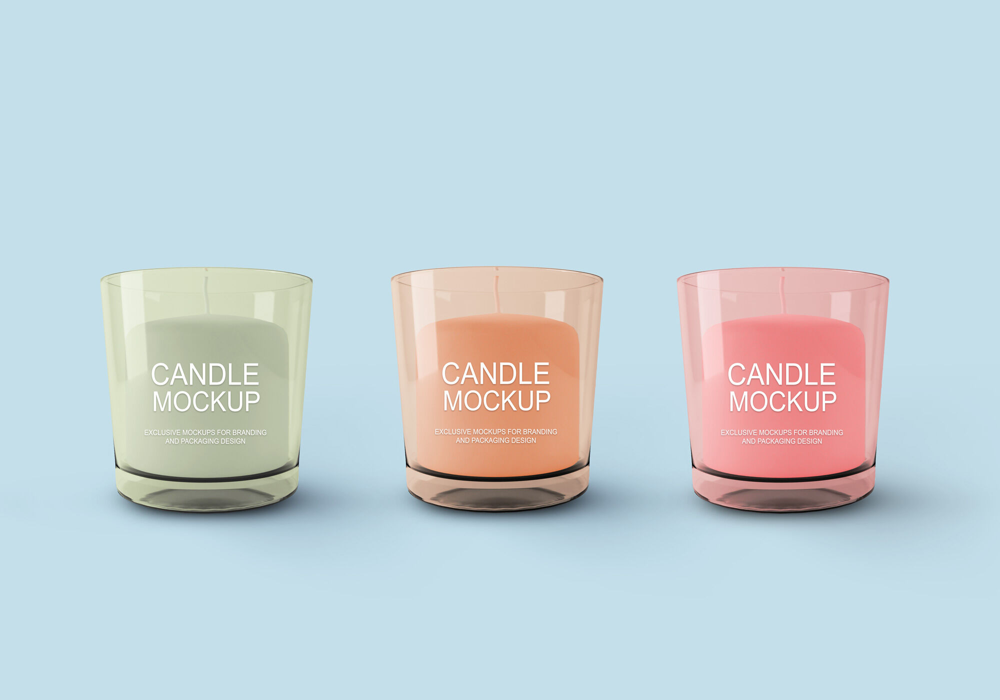Front View 3 Glass Jar Candles Next to Each Other Mockup