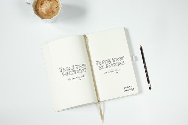 Top View of Open Notebook Mockup with Coffee Cup preview